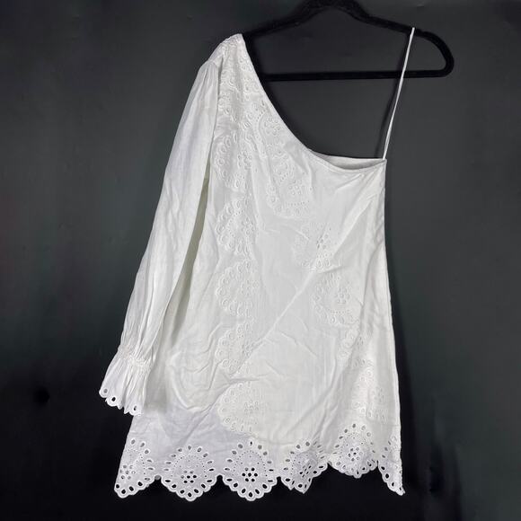 Hill House Mila Dress White Linen One Shoulder Eyelet Long Sleeve Sz M - Picture 11 of 11